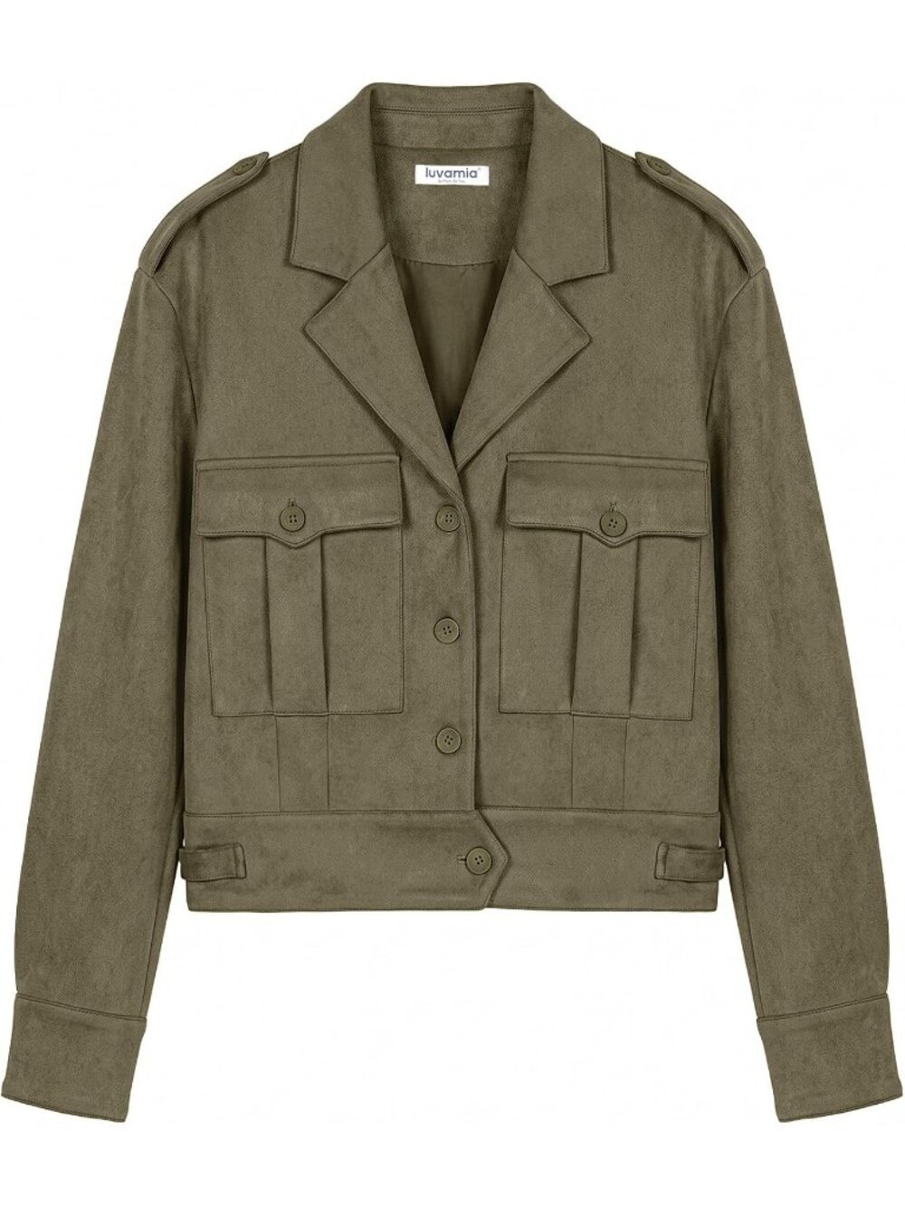 Women's Army Green Faux Suede Button Down Fall Outerwear Cropped Shacket Jacket